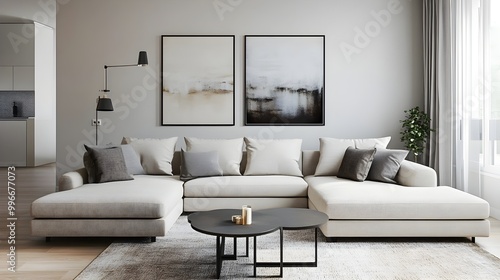 A cozy and sophisticated living room boasting a comfortable L shaped couch and streamlined minimalist furnishings  The warm welcoming color accents provide a Scandi chic design touch
