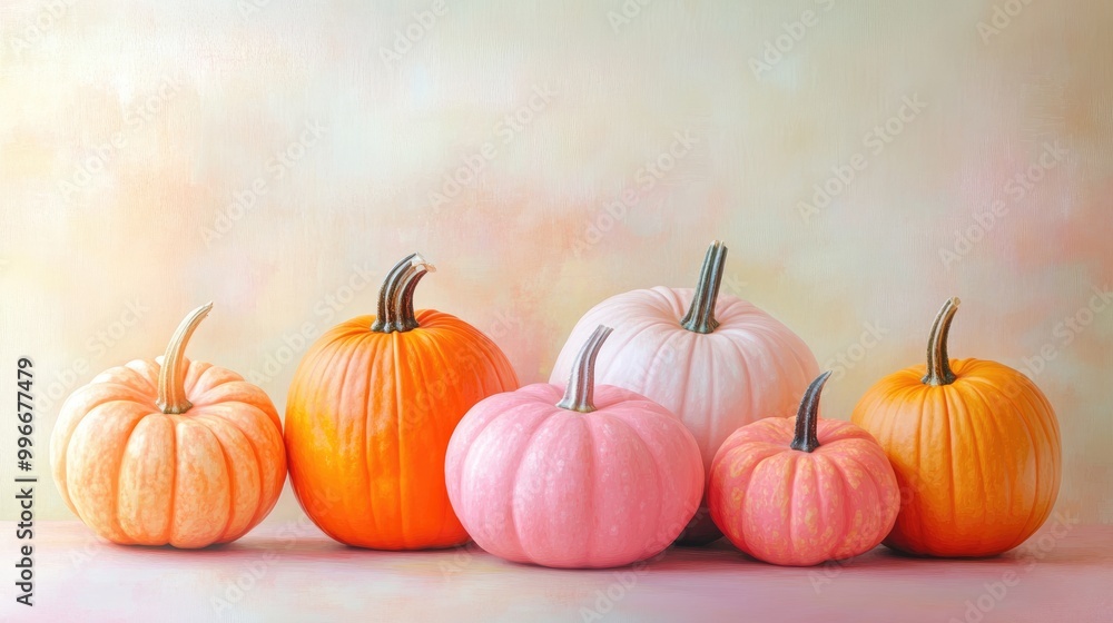 Combination of orange and pink pumpkins set against a soft pastel backdrop Combination of orange and pink pumpkins set against a soft pastel backdrop