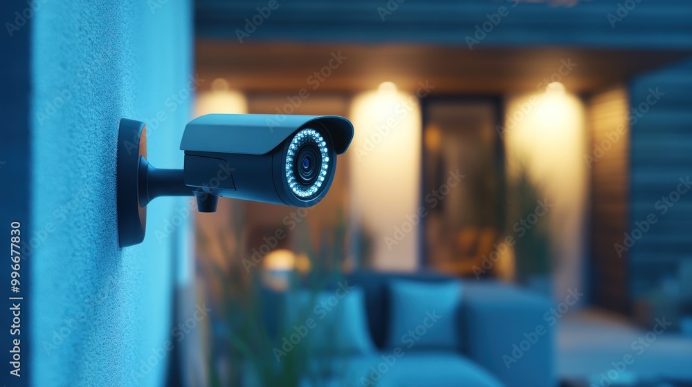 A security camera mounted on a wall, monitoring an outdoor living area at dusk. A security camera mounted on a wall, monitoring an outdoor living area at dusk.