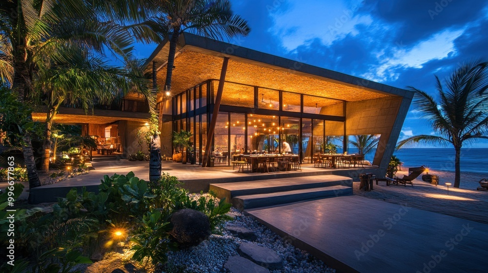 Modern luxury villa with ocean view at twilight. Modern luxury villa with ocean view at twilight.