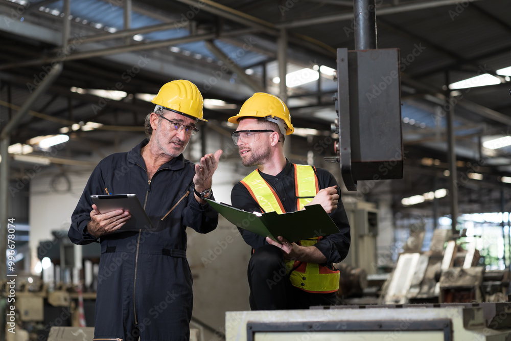 Two male engineer checking, repair, maintenance CNC machine in factory. Group of male technician working with CNC machine during manufacturing process Two male engineer checking, repair, maintenance CNC machine in factory. Group of male technician working with CNC machine during manufacturing process