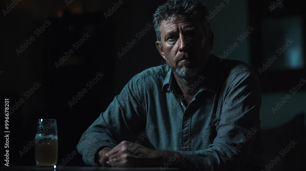A contemplative man sits alone in a dimly lit room, reflecting on life with a drink at hand during the evening hours A contemplative man sits alone in a dimly lit room, reflecting on life with a drink at hand during the evening hours