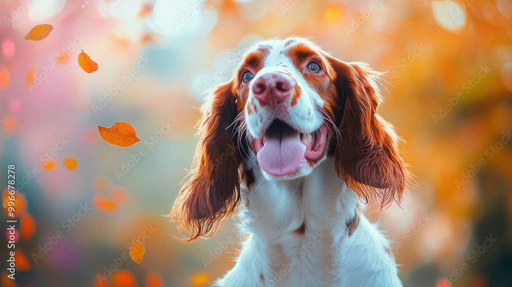 A cheerful dog amidst autumn leaves, showcasing a vibrant and joyful atmosphere. A cheerful dog amidst autumn leaves, showcasing a vibrant and joyful atmosphere.
