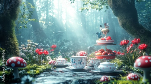 Minimalist background: Vintage-inspired Mad Hatter illustration featuring a tea party, green bottle, and fairy tale mushrooms, designed for whimsical party banners or cards.

