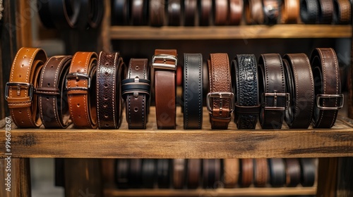 Collection of premium leather belts arranged on a wooden display shelf