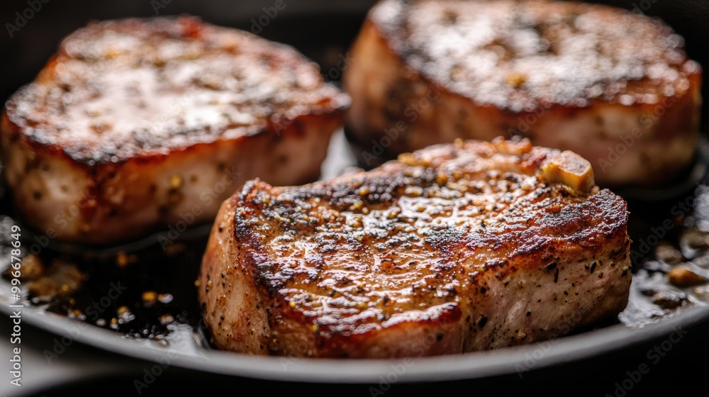 Close up view of four deliciously roasted pork chops in a cast iron skillet Close up view of four deliciously roasted pork chops in a cast iron skillet
