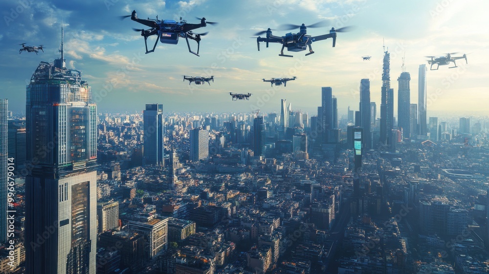 A futuristic cityscape with drones flying over skyscrapers, showcasing advanced technology. A futuristic cityscape with drones flying over skyscrapers, showcasing advanced technology.
