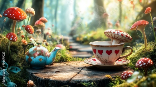 Minimalist background: Vintage-inspired Mad Hatter illustration featuring a tea party, green bottle, and fairy tale mushrooms, designed for whimsical party banners or cards.

