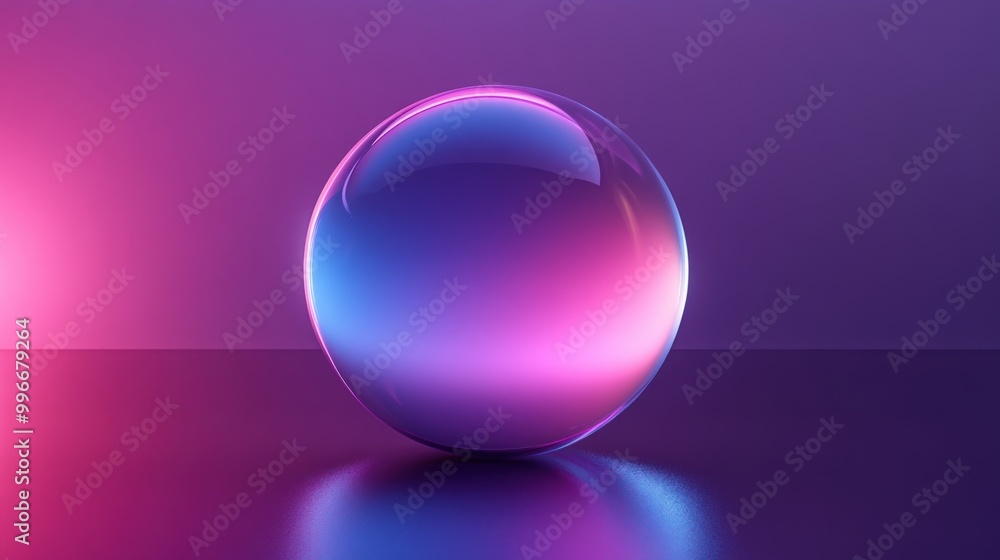 A shiny, reflective sphere with a gradient of pink and blue lighting on a black surface, reflecting a similar gradient on the surface. A shiny, reflective sphere with a gradient of pink and blue lighting on a black surface, reflecting a similar gradient on the surface.