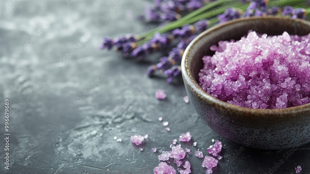 Close up of lavender flower sugar scrub in a bowl on a table featuring a clean layout ideal for adding text or other elements Close up of lavender flower sugar scrub in a bowl on a table featuring a clean layout ideal for adding text or other elements
