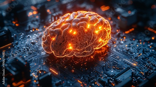 A glowing brain made of wireframe lines and orange lights, placed on a complex blue motherboard with futuristic connections