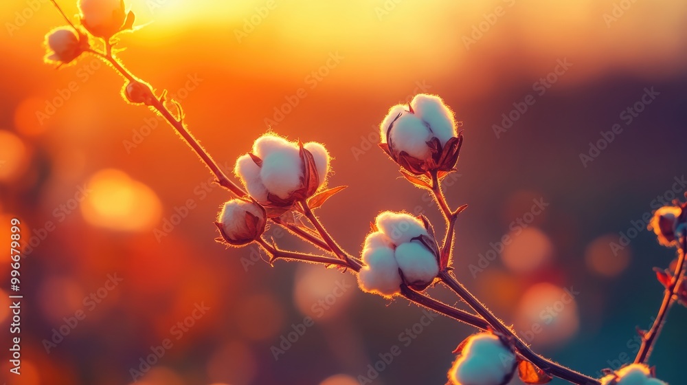 Close up of cotton bolls on a branch illuminated by sunlight in a vibrant summer field Close up of cotton bolls on a branch illuminated by sunlight in a vibrant summer field