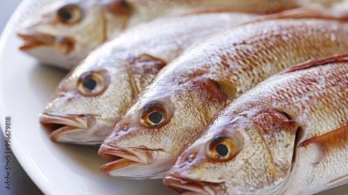 Close up of fresh St Peter s fish on a white plate showcasing its head detail photo