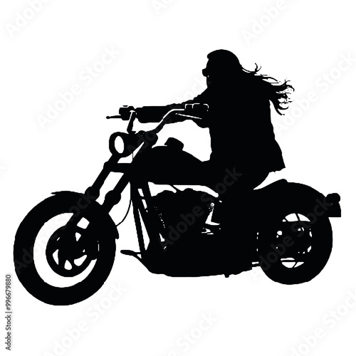 Biker on Chopper Motorcycle Silhouette – Black and White Vector Logo for Tattoos and Advertisements photo