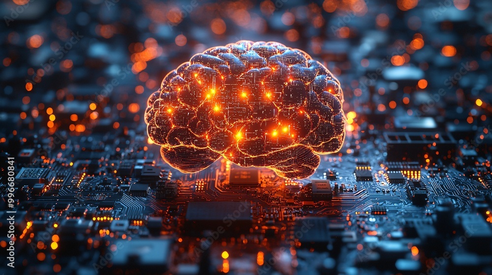 A 3D render of a digital brain with orange light pulses, floating above a dark blue electronic motherboard A 3D render of a digital brain with orange light pulses, floating above a dark blue electronic motherboard
