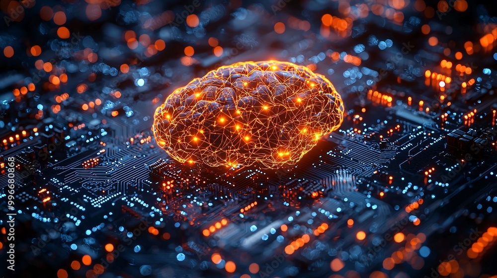 A 3D render of a glowing wireframe brain with orange lights, floating above a detailed blue circuit board symbolizing AI A 3D render of a glowing wireframe brain with orange lights, floating above a detailed blue circuit board symbolizing AI