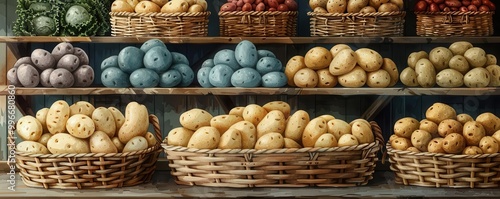 Fresh assorted potatoes displayed in woven baskets on a rustic wooden shelf.