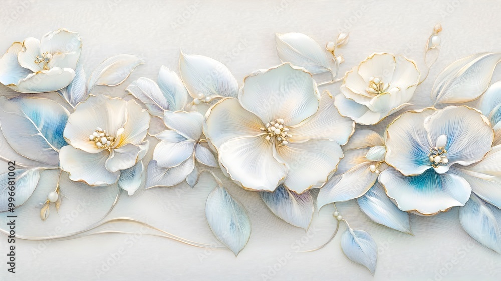 Alluring white gold floral border jewelry piece with delicate and ethereal flower motifs cascading across a bracelet or earrings Soft hues and blended lines create a Neoclassical influenced Alluring white gold floral border jewelry piece with delicate and ethereal flower motifs cascading across a bracelet or earrings Soft hues and blended lines create a Neoclassical influenced