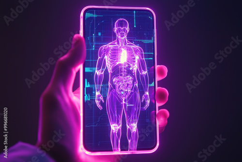 A hand holding smartphone displays holographic human anatomy illustration, showcasing internal organs and skeletal structure in vibrant colors. This image represents intersection of technology and hea photo