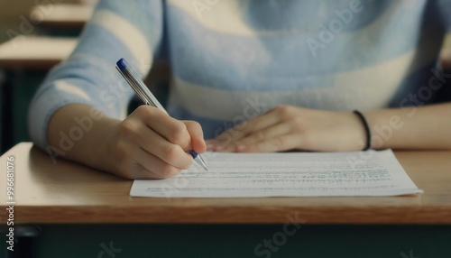 Student hand writing on paper with pen in an exam hall room. Generated image