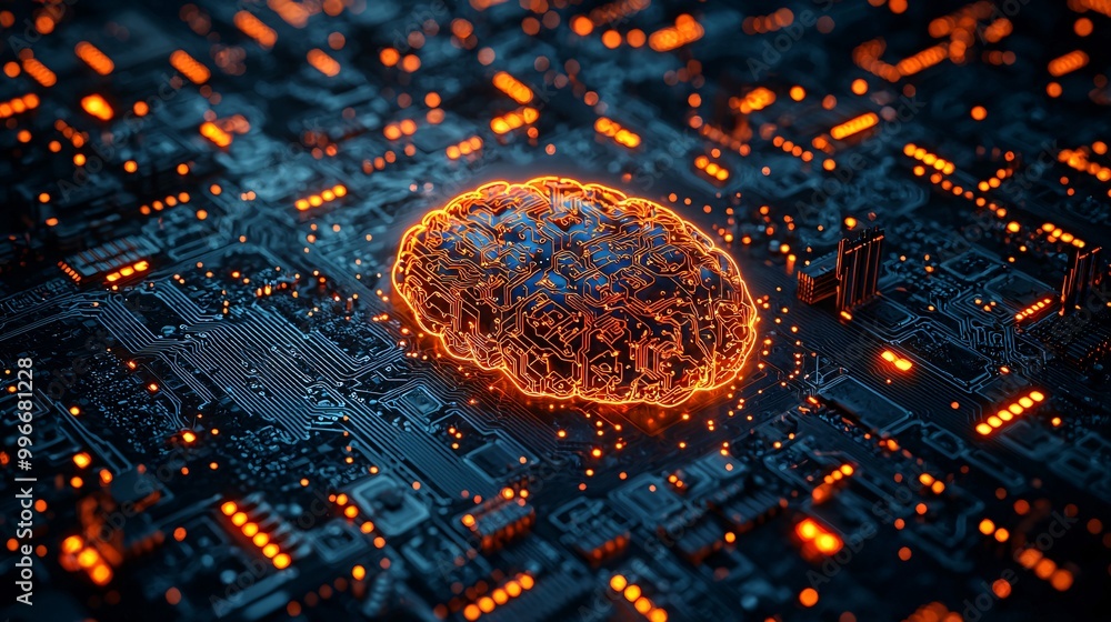A top-down view of a wireframe brain on a dark blue circuit board, with vibrant orange lights representing AI connections A top-down view of a wireframe brain on a dark blue circuit board, with vibrant orange lights representing AI connections