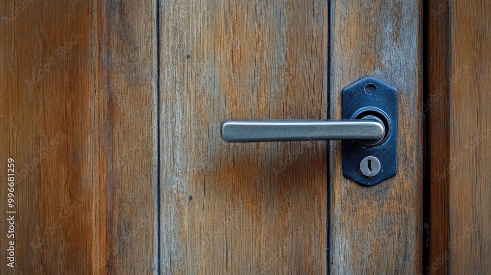 Close up of a minimalist metal handle and lock on a wooden door Close up of a minimalist metal handle and lock on a wooden door