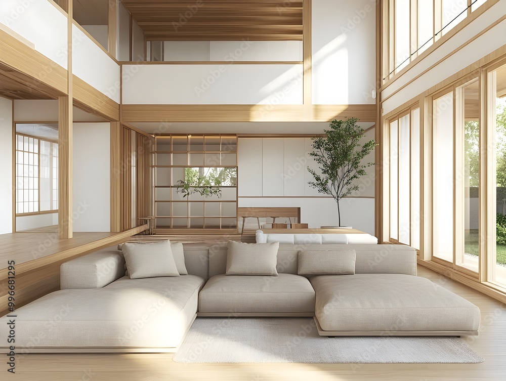 Fototapeta premium Cozy and inviting modern living room with a large comfortable sectional sofa and minimalist stylish decor
