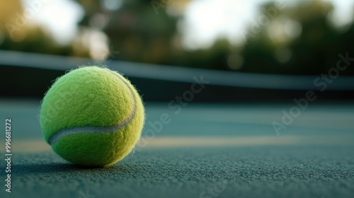 Close up of a green tennis ball with a blurred tennis court in the background