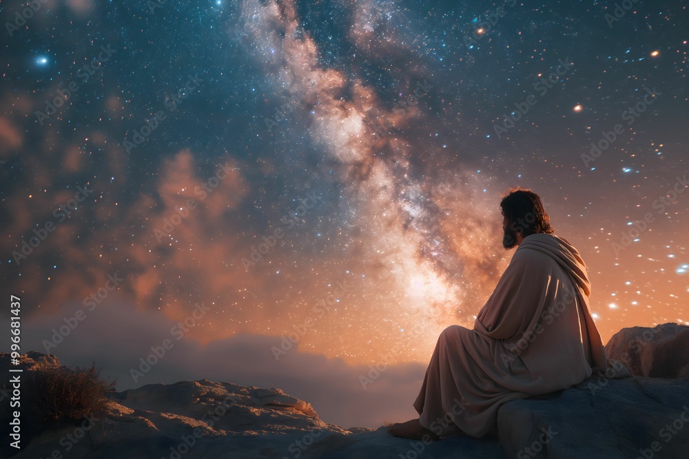 Jesus, sitting on a rock in the wilderness, gazing up at the night sky filled with stars Jesus, sitting on a rock in the wilderness, gazing up at the night sky filled with stars
