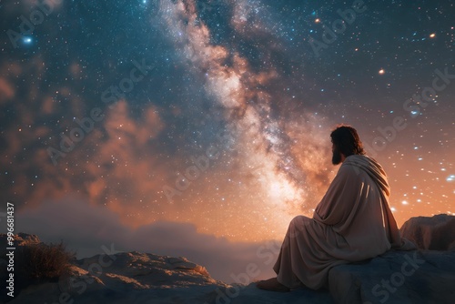 Jesus, sitting on a rock in the wilderness, gazing up at the night sky filled with stars