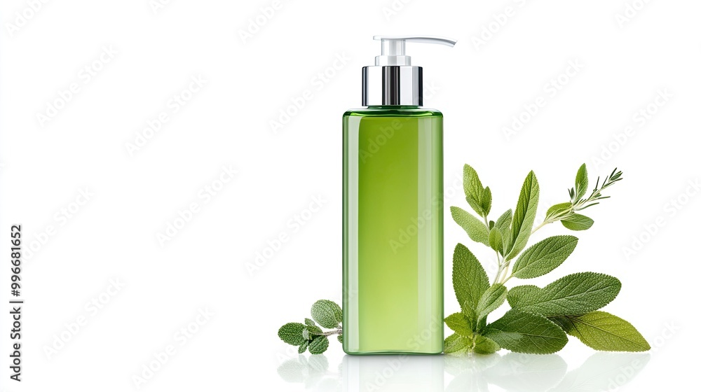 Natural green shampoo bottle with herbs. Perfect for organic product marketing and beauty care themes. Natural green shampoo bottle with herbs. Perfect for organic product marketing and beauty care themes.