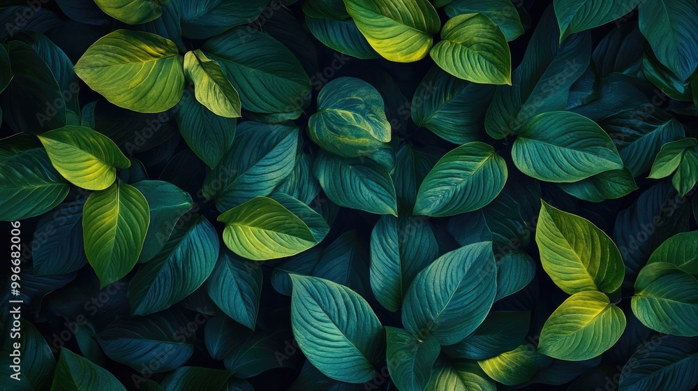 Close up background image of vibrant tropical green plant leaves on a dark backdrop Close up background image of vibrant tropical green plant leaves on a dark backdrop