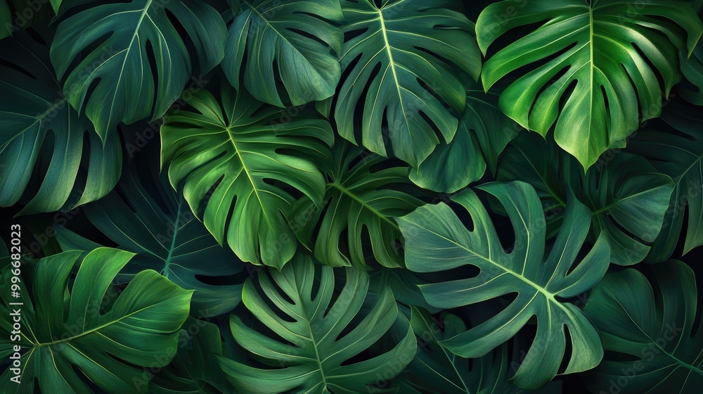 Close up background image of vibrant tropical green plant leaves on a dark backdrop Close up background image of vibrant tropical green plant leaves on a dark backdrop