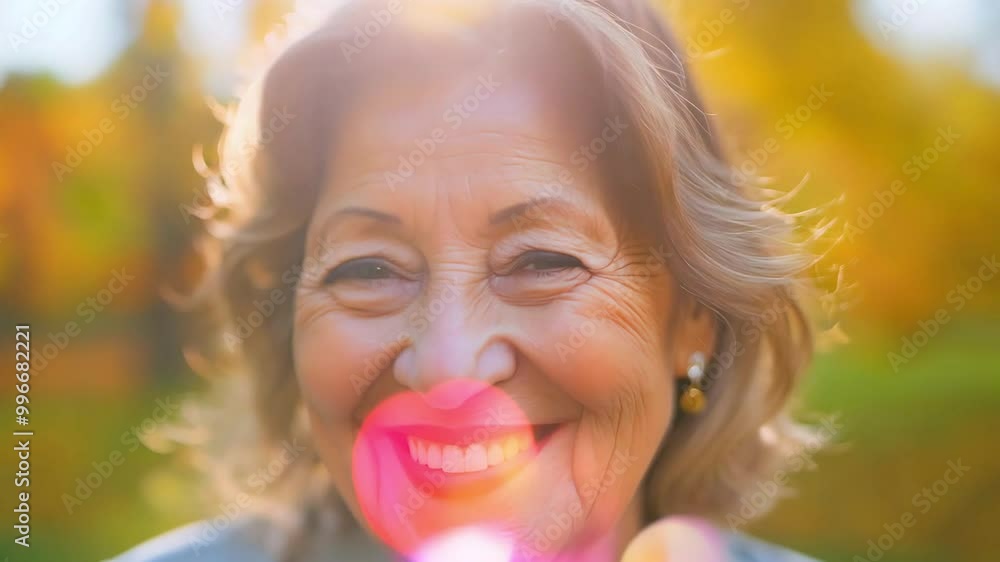 Joyful senior woman enjoying autumn in the park with a warm smile Joyful senior woman enjoying autumn in the park with a warm smile