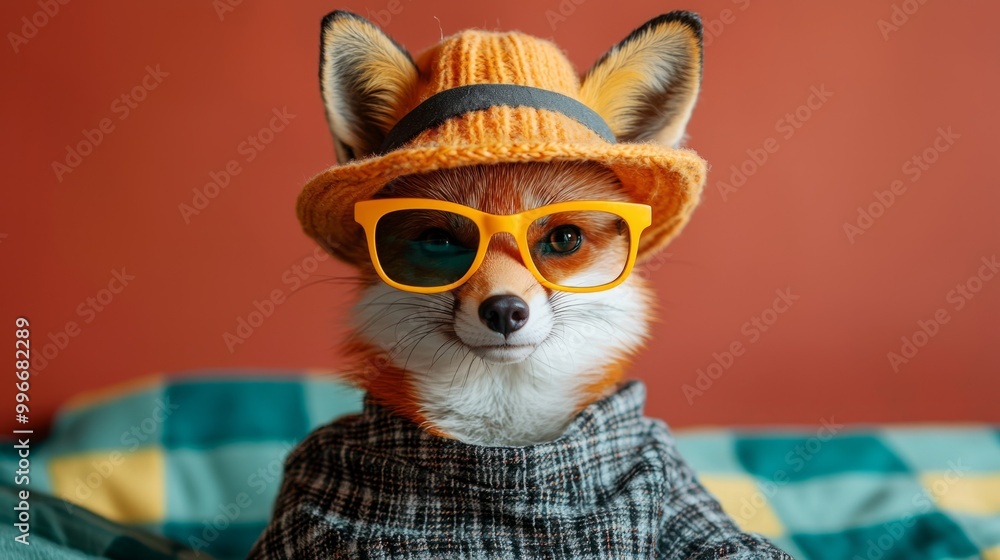 Obraz premium Beautiful fox in hat wearing yellow sunglasses, in a retro-style fashion with an orange and teal plaid background.