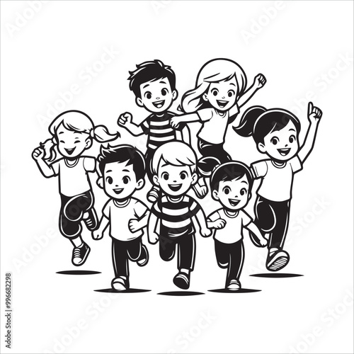 A group of happy children of boys and girls run vector illustration silhouette