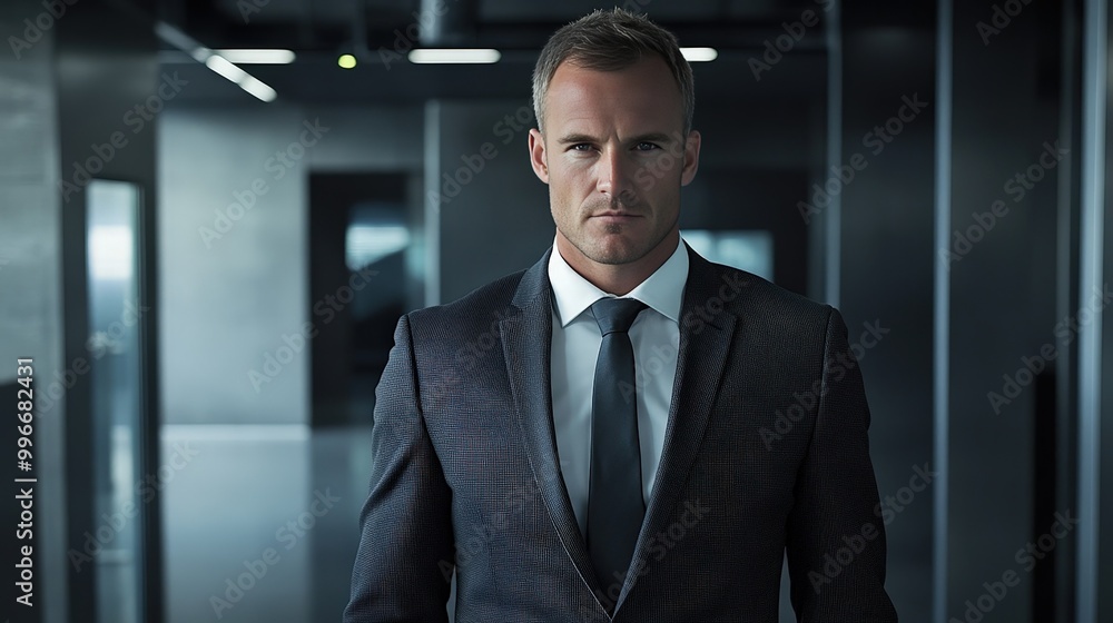 Fototapeta premium Confident businessman walks through a modern office building during the evening with a determined expression and stylish attire