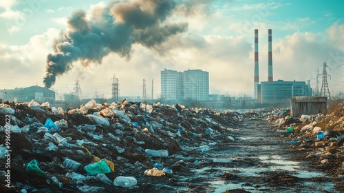 A polluted landscape featuring waste, smoke, and industrial buildings, highlighting environmental degradation and urban decay. photo