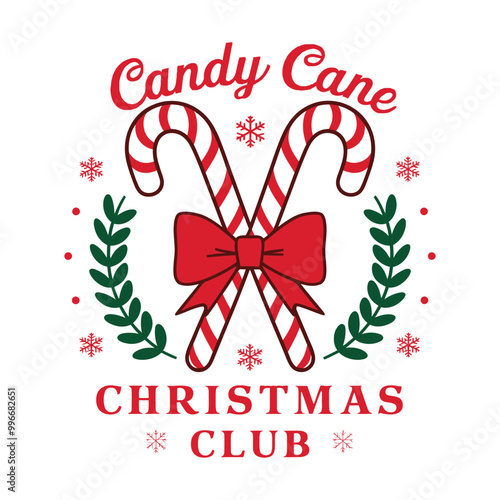 A festive and charming Christmas badge featuring two candy canes crossed and tied with a red bow, framed by green holiday wreath leaves and snowflakes. Perfect for holiday-themed designs