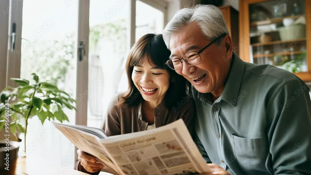 asian girl reading an article with her elderly father asian girl reading an article with her elderly father