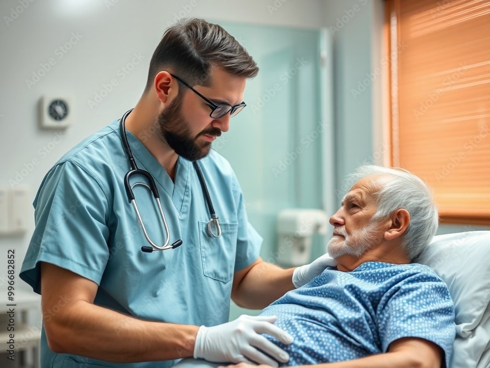 Fototapeta premium Amazing high resolution photos of serious male nurse assisting pensioner in treatment room.Health