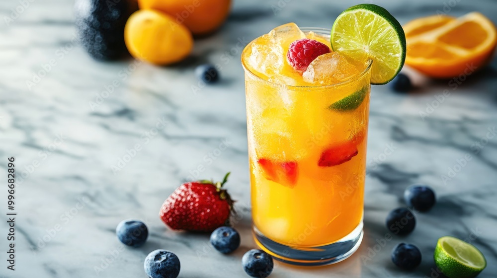 Chilled citrus beverage with ice accented by lime and complemented by colorful fruits on a marble surface Chilled citrus beverage with ice accented by lime and complemented by colorful fruits on a marble surface
