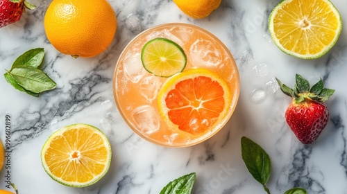 Chilled citrus beverage with ice accented by lime and complemented by colorful fruits on a marble surface