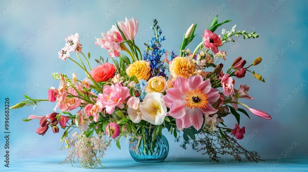 Cheerful arrangement for Mother s Day featuring vibrant spring flowers against a soft blue backdrop Cheerful arrangement for Mother s Day featuring vibrant spring flowers against a soft blue backdrop