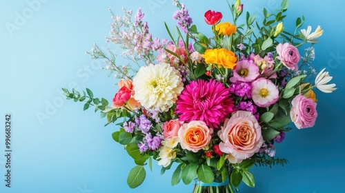 Cheerful arrangement for Mother s Day featuring vibrant spring flowers against a soft blue backdrop