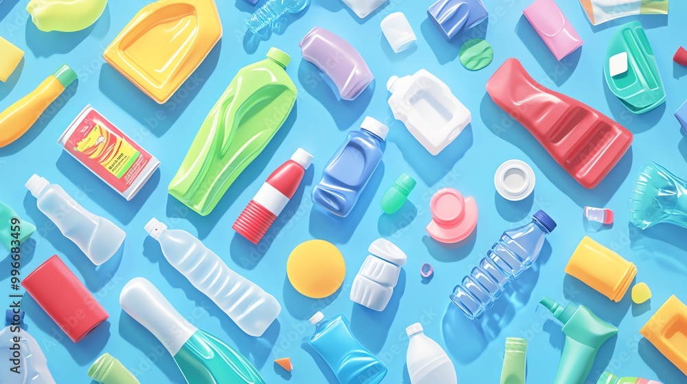 A vibrant collection of plastic containers arranged artistically on a blue background, showcasing colors and shapes. A vibrant collection of plastic containers arranged artistically on a blue background, showcasing colors and shapes.