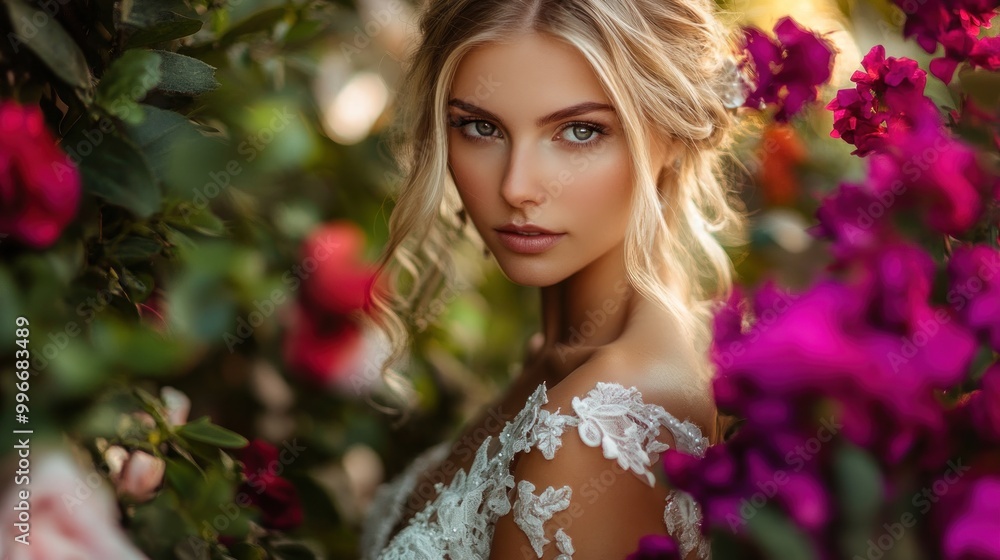 Portrait of a beautiful woman with blonde hair and blue eyes, looking at the camera with a soft smile. Her hair is styled in a braid and she is wearing a white dress with delicate lace details. Portrait of a beautiful woman with blonde hair and blue eyes, looking at the camera with a soft smile. Her hair is styled in a braid and she is wearing a white dress with delicate lace details.