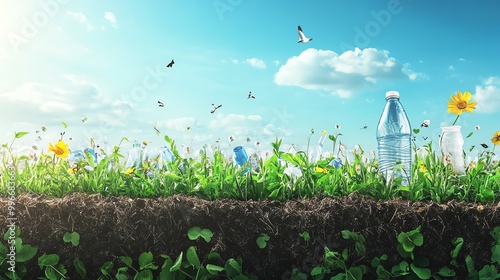 A vibrant landscape featuring flowers and bottles, highlighting the contrast between nature and plastic waste in a sunny environment. photo