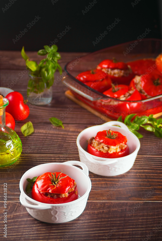 Delicious stuffed tomatoes with minced beef and rice. Delicious stuffed tomatoes with minced beef and rice.