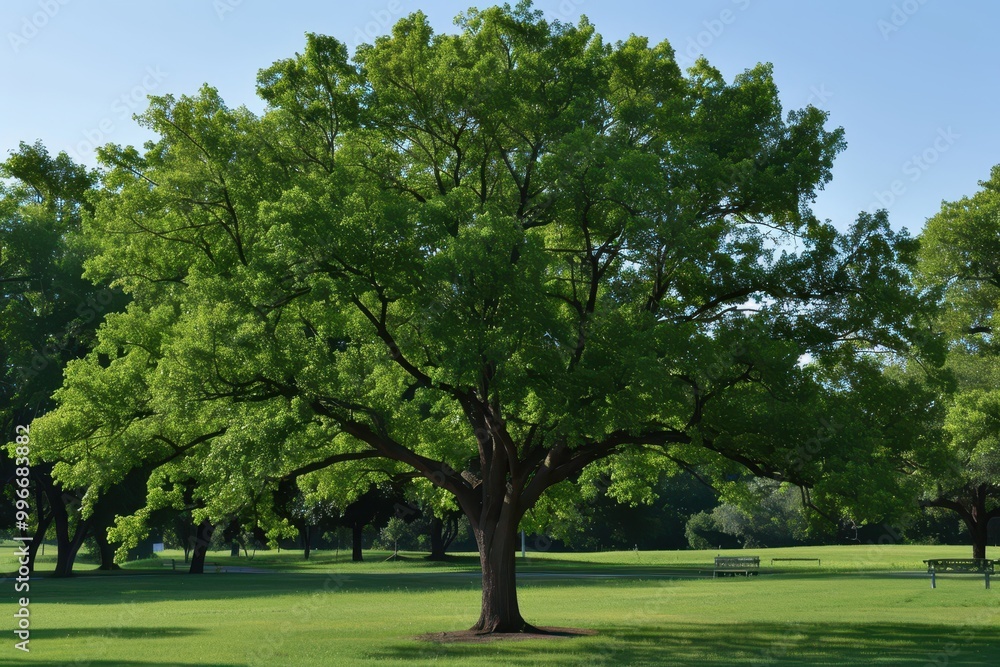A large tree stands in a grassy field, casting a shadow on the ground A large tree stands in a grassy field, casting a shadow on the ground